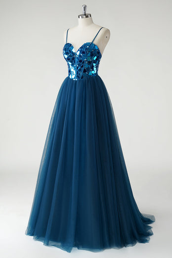 Sparkly A Line Dark Blue Mirror Long Prom Dress