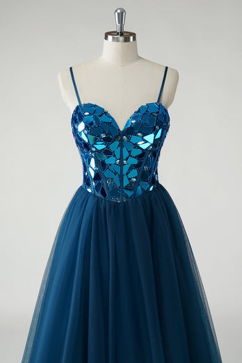 Sparkly A Line Dark Blue Mirror Long Prom Dress