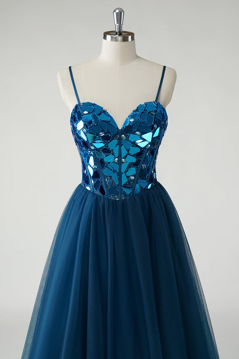 Load image into Gallery viewer, Sparkly A Line Dark Blue Mirror Long Prom Dress