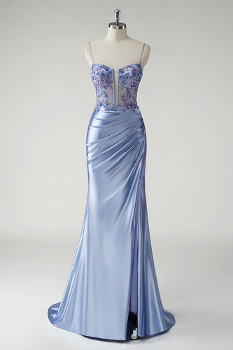 Sparkly Floral Blue Mermaid Satin Long Prom Dress with Slit