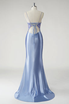Sparkly Floral Blue Mermaid Satin Long Prom Dress with Slit