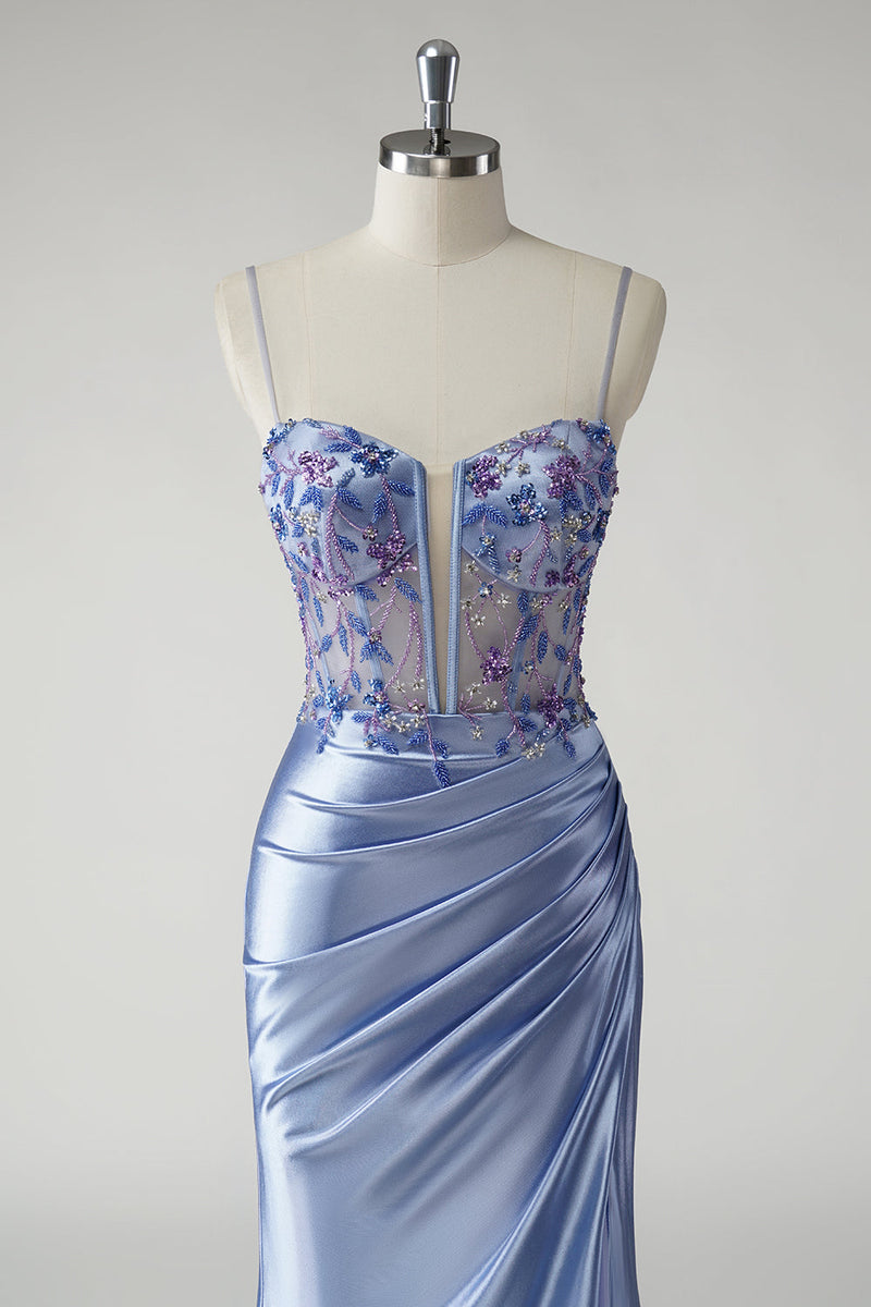 Load image into Gallery viewer, Sparkly Floral Blue Mermaid Satin Long Prom Dress with Slit