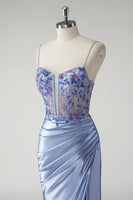 Load image into Gallery viewer, Sparkly Floral Blue Mermaid Satin Long Prom Dress with Slit