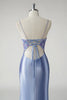 Load image into Gallery viewer, Sparkly Floral Blue Mermaid Satin Long Prom Dress with Slit