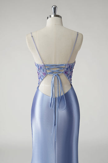 Sparkly Floral Blue Mermaid Satin Long Prom Dress with Slit