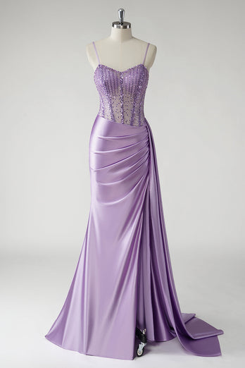 Sparkly Purple Corset Satin Long Prom Dress with Slit