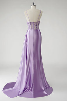Sparkly Purple Corset Satin Long Prom Dress with Slit