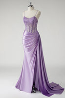 Load image into Gallery viewer, Sparkly Purple Corset Satin Long Prom Dress with Slit