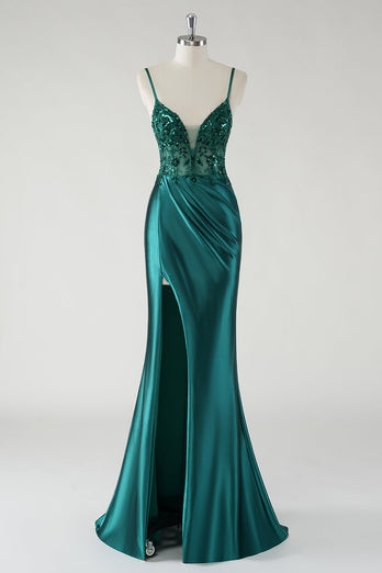 Sparkly Spaghetti Straps Dark Green Mermaid Prom Dress with Slit