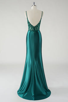 Sparkly Spaghetti Straps Dark Green Mermaid Prom Dress with Slit