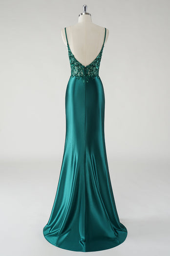 Sparkly Spaghetti Straps Dark Green Mermaid Prom Dress with Slit