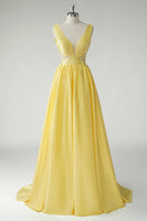 Load image into Gallery viewer, A Line Yellow Deep V Neck Long Prom Dress