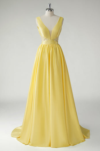 A Line Yellow Deep V Neck Long Prom Dress