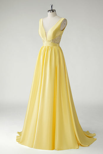 A Line Yellow Deep V Neck Long Prom Dress