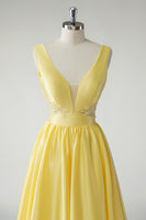 Load image into Gallery viewer, A Line Yellow Deep V Neck Long Prom Dress