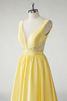 Load image into Gallery viewer, A Line Yellow Deep V Neck Long Prom Dress