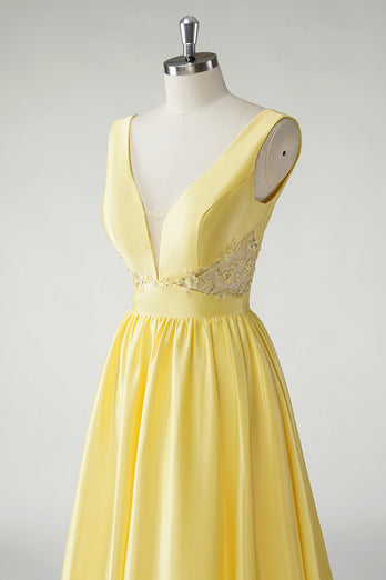 A Line Yellow Deep V Neck Long Prom Dress