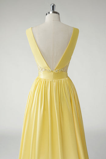 A Line Yellow Deep V Neck Long Prom Dress
