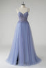 Load image into Gallery viewer, Sparkly A Line Grey Blue Tulle Prom Dress with Slit