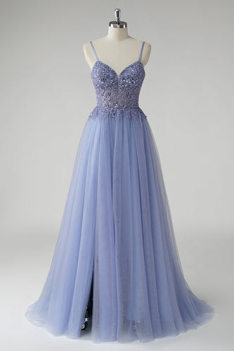 Sparkly A Line Grey Blue Tulle Prom Dress with Slit