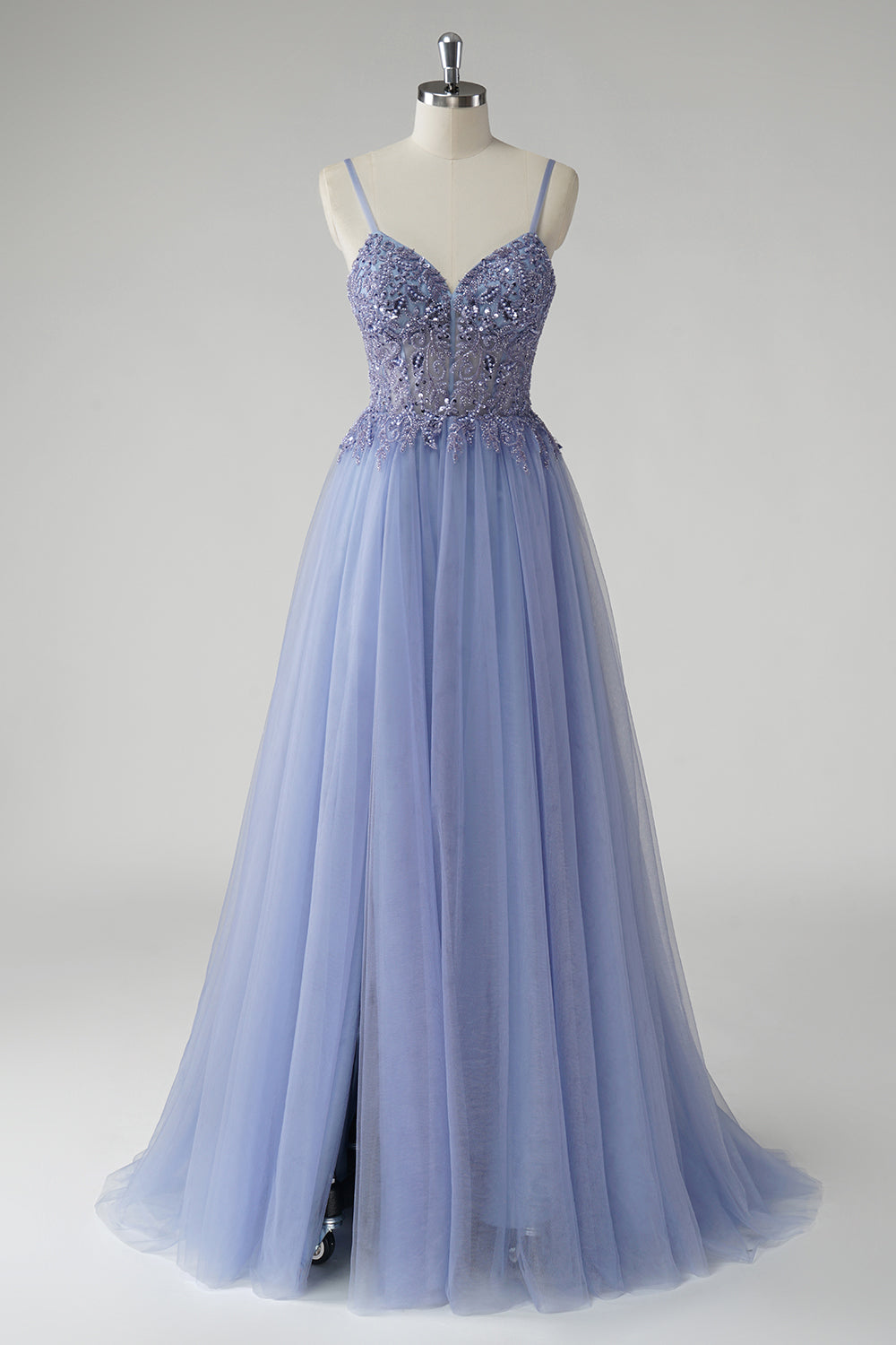 Sparkly A Line Grey Blue Tulle Prom Dress with Slit