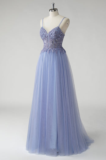 Sparkly A Line Grey Blue Tulle Prom Dress with Slit