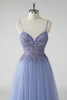 Load image into Gallery viewer, Sparkly A Line Grey Blue Tulle Prom Dress with Slit