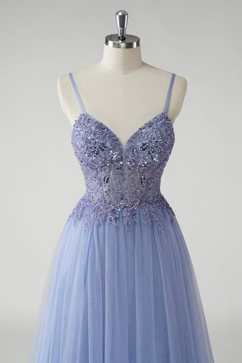 Sparkly A Line Grey Blue Tulle Prom Dress with Slit