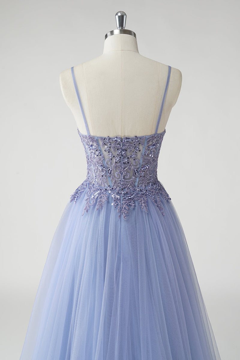 Load image into Gallery viewer, Sparkly A Line Grey Blue Tulle Prom Dress with Slit