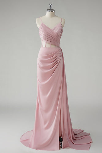 Blush Corset Pleated Sheath Spaghetti Straps Long Prom Dress