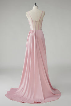 Blush Corset Pleated Sheath Spaghetti Straps Long Prom Dress