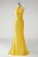 Load image into Gallery viewer, Mermaid Yellow Halter Satin Long Prom Dress