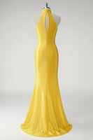 Load image into Gallery viewer, Mermaid Yellow Halter Satin Long Prom Dress
