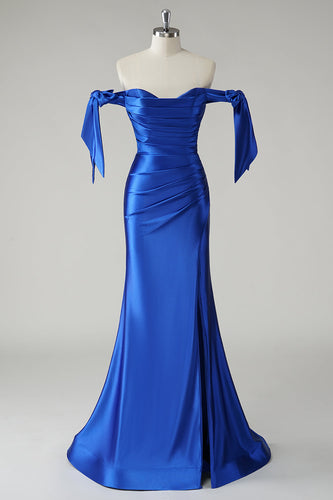 Off the Shoulder Royal Blue Mermaid Pleated Prom Dress