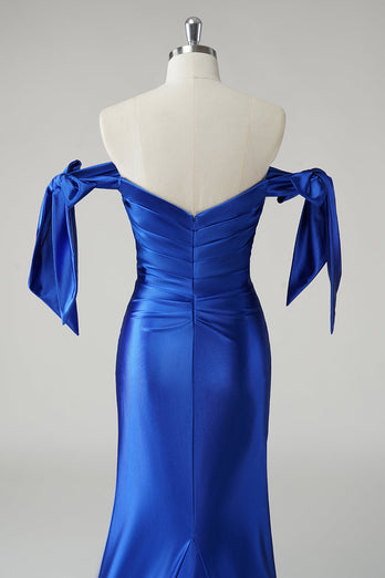 Off the Shoulder Royal Blue Mermaid Pleated Prom Dress