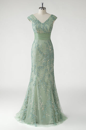 Green V Neck Mermaid Appliques Cap Sleeves Prom Dress