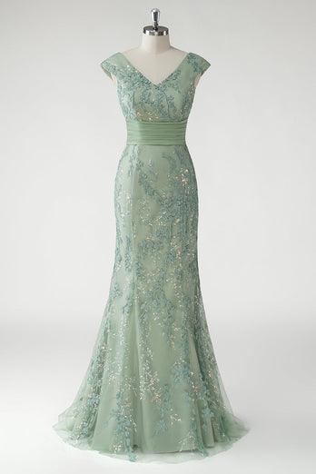 Green V Neck Mermaid Appliques Cap Sleeves Prom Dress