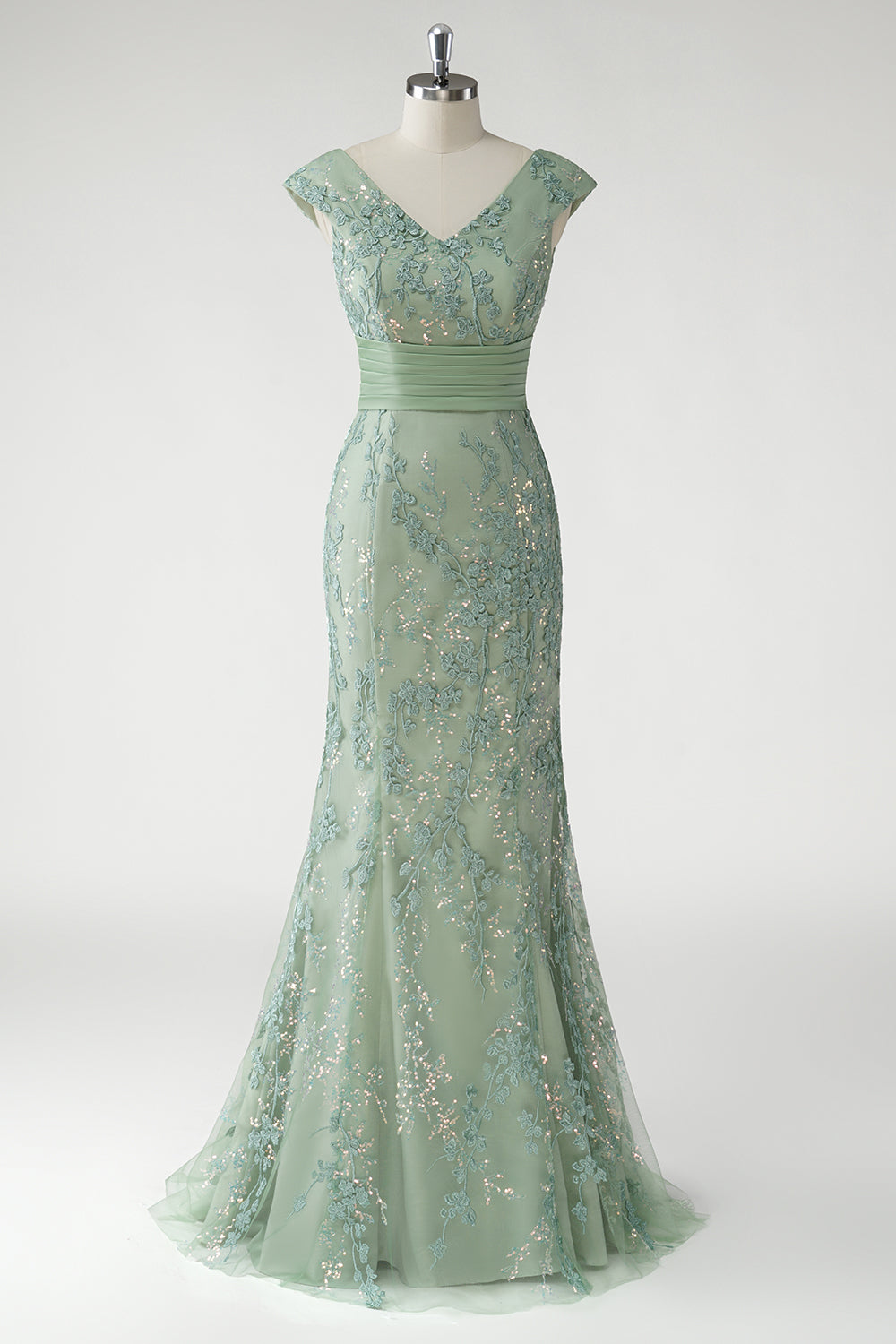 Green V Neck Mermaid Appliques Cap Sleeves Prom Dress