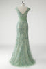 Load image into Gallery viewer, Green V Neck Mermaid Appliques Cap Sleeves Prom Dress