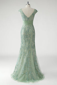 Green V Neck Mermaid Appliques Cap Sleeves Prom Dress