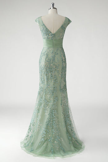 Green V Neck Mermaid Appliques Cap Sleeves Prom Dress