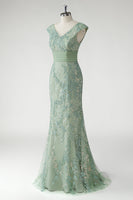 Load image into Gallery viewer, Green V Neck Mermaid Appliques Cap Sleeves Prom Dress