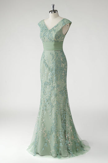 Green V Neck Mermaid Appliques Cap Sleeves Prom Dress