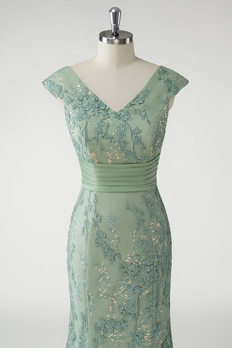 Load image into Gallery viewer, Green V Neck Mermaid Appliques Cap Sleeves Prom Dress