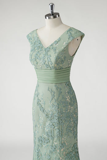 Green V Neck Mermaid Appliques Cap Sleeves Prom Dress