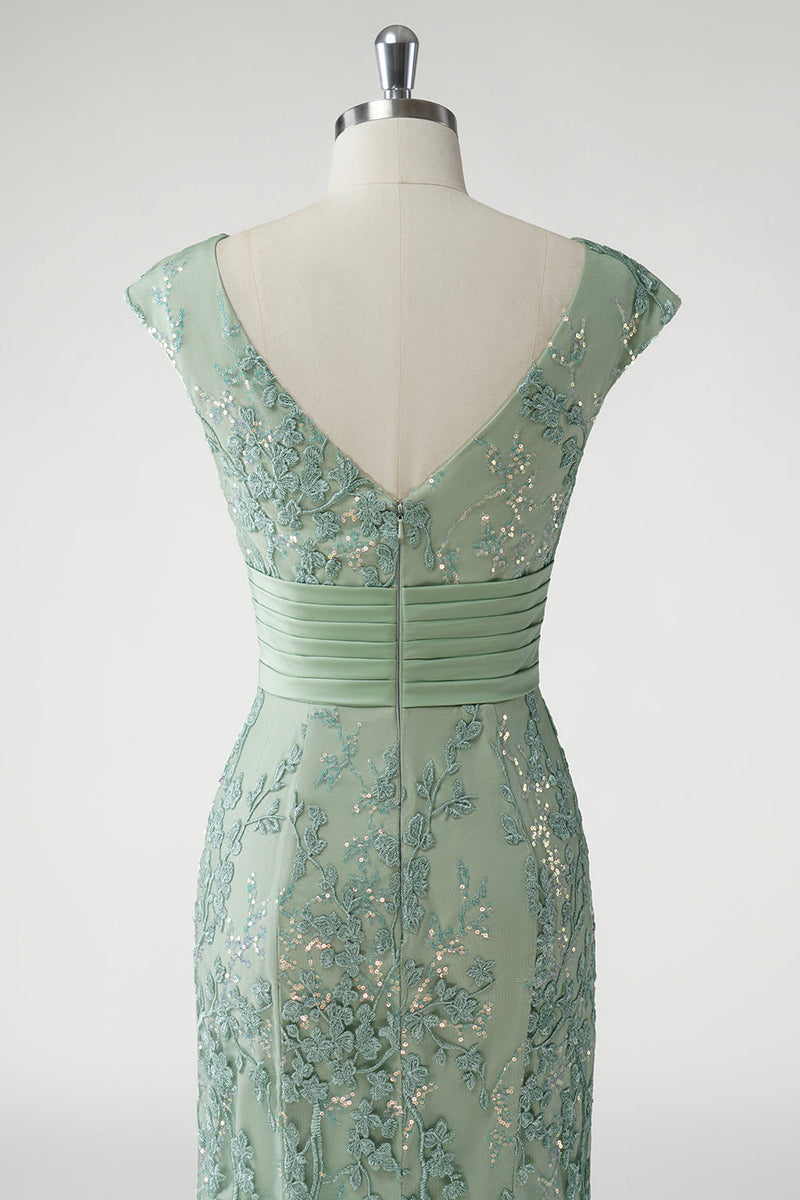 Load image into Gallery viewer, Green V Neck Mermaid Appliques Cap Sleeves Prom Dress