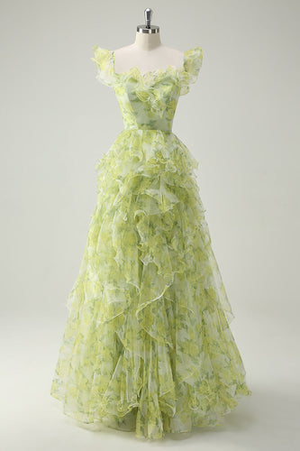 Dusty Sage Floral A Line Square Neck Ruffled Long Prom Dress