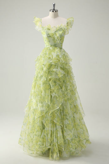 Dusty Sage Floral A Line Square Neck Ruffled Long Prom Dress