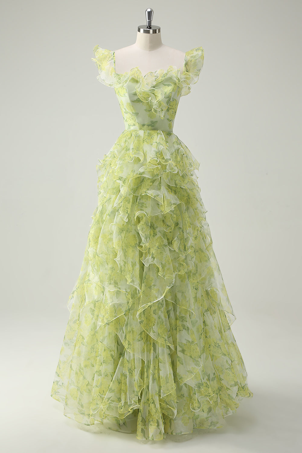 Dusty Sage Floral A Line Square Neck Ruffled Long Prom Dress