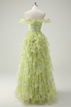 Dusty Sage Floral A Line Square Neck Ruffled Long Prom Dress